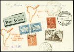 Zeppelin. N°181 en paire + 199 + 243 + 260 OBL Paris 25 R. Danton" (30.4.32) sur carte postale pour Pernambouc avec cachet rouge illustré