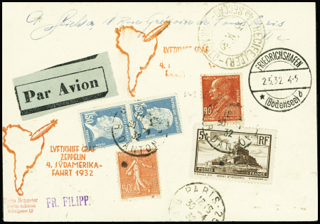 Zeppelin. N°181 en paire + 199 + 243 + 260 OBL Paris 25 R. Danton" (30.4.32) sur carte postale pour Pernambouc avec cachet rouge illustré