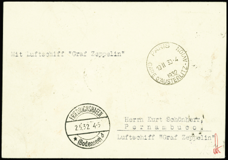 Zeppelin. N°181 en paire + 199 + 243 + 260 OBL Paris 25 R. Danton" (30.4.32) sur carte postale pour Pernambouc avec cachet rouge illustré
