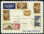 N°262 20F Pont du Gard, 3 pièces (1 ex def) + n°260 + n°261 + n°369 OBL horoplan de Paris 108 (1938) sur lettre par avion pour Sao Paulo. TB