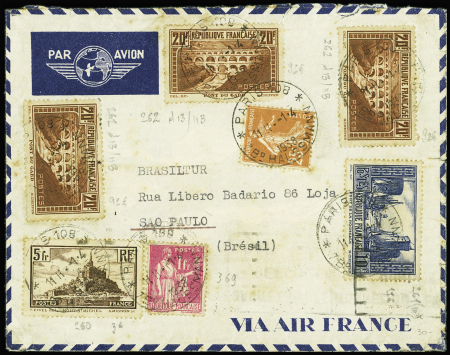 N°262 20F Pont du Gard, 3 pièces (1 ex def) + n°260 + n°261 + n°369 OBL horoplan de Paris 108 (1938) sur lettre par avion pour Sao Paulo. TB