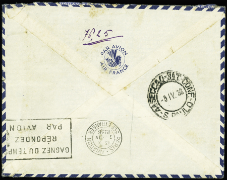 N°262 20F Pont du Gard, 3 pièces (1 ex def) + n°260 + n°261 + n°369 OBL horoplan de Paris 108 (1938) sur lettre par avion pour Sao Paulo. TB