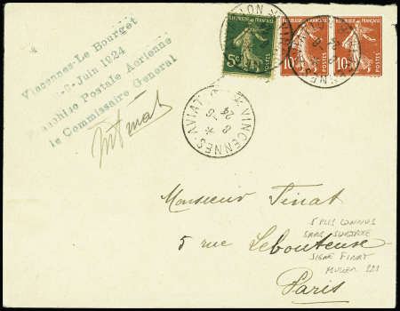 N°137 + 138 en paire OBL CAD "Vincennes aviation" (8.6.24) sur lettre avec griffe bleue