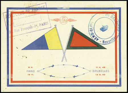PA n°6c 1F50 EIPA + Belgique PA n°2 et vignette verte sur carte aéropostale "Paris - Bruxelles - Paris novembre 1930 - Lignes Farman". TB