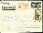 N°321 10F vert 100ème traversée de l'Atlantique + n°260 + 301 + 284A OBL Paris 118 (nov 36) sur lettre recommandée avion pour Madagascar. TB