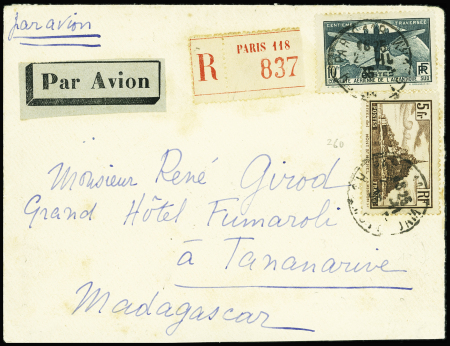 N°321 10F vert 100ème traversée de l'Atlantique + n°260 + 301 + 284A OBL Paris 118 (nov 36) sur lettre recommandée avion pour Madagascar. TB