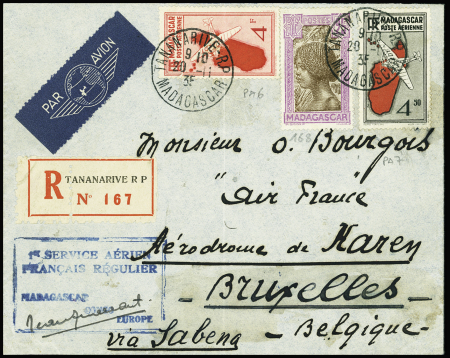 Madagascar n°168 + PA6 + PA7 OBL Tananarive RP (20.11.35) sur lettre recommandée pour Bruxelles avec cachet rect bleu