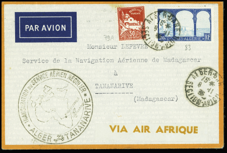 Algérie n°79A + 83 OBL Alger (8.11.35) sur lettre Tananarive avec grand cachet illustré noir "Inauguration du service aérien régulier Alger Tananarive"