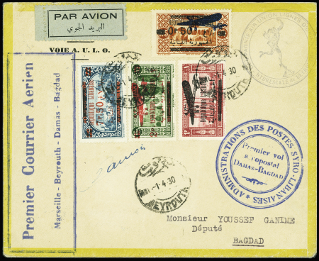 Env. jaune spéciale A.U.L.O 2.4.30 Beyrouth Bagdad avec grand cachet rect bleu "Premier courrier aérien Marseille - Beyrouth - Damas - Bagdad"