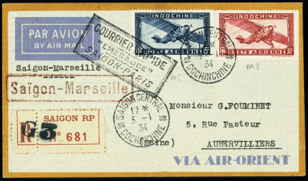 Indochine PA5 + PA8 OBL Saïgon Central sur lettre recommandée avec cachet rect noir "courrier rapide Emeraude Saïgon - Paris" (Muller n°107 Indochine)