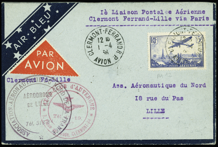 PA n°12 OBL CAD "Clermont Ferrand RP avion" (1.4.36) sur env. Air Bleu pour Lille via Paris. TB
