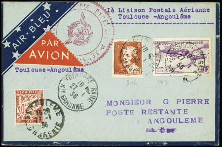 2 env. Air Bleu : n°191 + 285 + 243, 2 pièces OBL CAD "Angoulême gare avion" (14.1.36) sur lettre avec griffe "avion non parti" et mention dactyl rouge