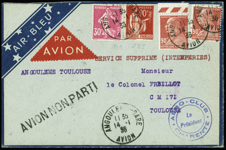 2 env. Air Bleu : n°191 + 285 + 243, 2 pièces OBL CAD "Angoulême gare avion" (14.1.36) sur lettre avec griffe "avion non parti" et mention dactyl rouge