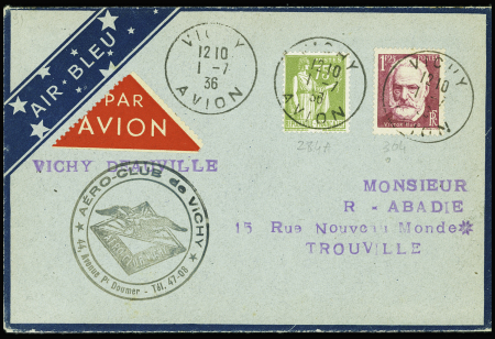N°284A + 304 OBL CAD "Vichy avion" (1.7.36) sur env. Air Bleu Vichy - Deauville avec cachet noir de l'aéro-club de Vichy. TB