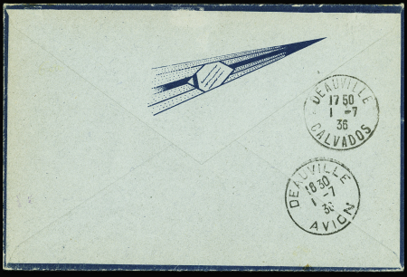 N°284A + 304 OBL CAD "Vichy avion" (1.7.36) sur env. Air Bleu Vichy - Deauville avec cachet noir de l'aéro-club de Vichy. TB