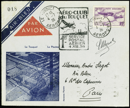 PA n°7 OBL CAD "Le Touquet aéroport" (4.7.36) sur env. Air Bleu illustrée, avec signature de Blériot. TB