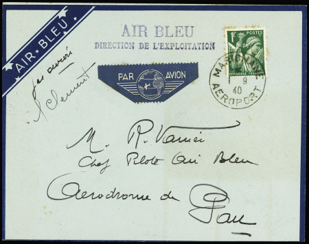 N°432 OBL CAD "Marignane aéroport" (1.9.40) sur env. Air Bleu pour Pau avec signature du pilote Clément. TB