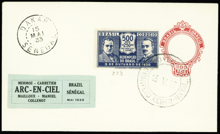 Env. entier postal du Brésil OBL Natal (15.5.33) avec arrivée Dakar même jour avec étiquette verte de la traversée par Mermoz sur l'Arc en Ciel