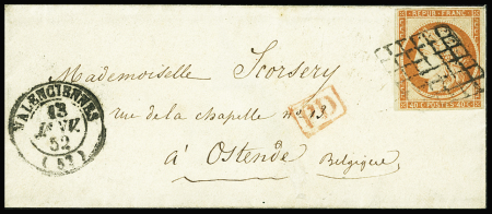 N°5 40c orange, OBL grille + T15 Valenciennes (1852) sur lettre pour Ostende (Belgique). TB