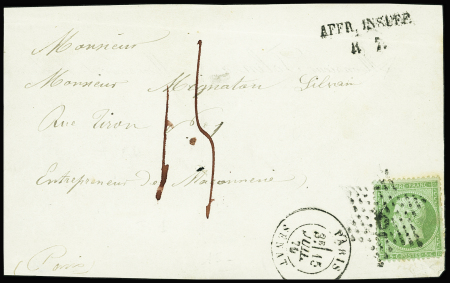 2 lettres : n°20 OBL étoile 6 + CAD "Paris Sénat" (1870) sur devant de lettre avec taxe 15 manuscrite + griffe noire "AFFR. INSUFF. R7" sur devant de lettre