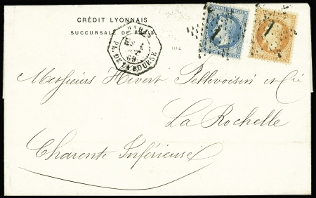 N°29 + 31 OBL étoile 1 + CAD octogonal "Paris Pl. de la Bourse E2" (1869) sur lettre pour La Rochelle. TB