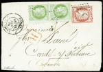N°53 en paire + 57 OBL losange de points 24 + CAD "Paris R. de Cléry" (1874) sur lettre. TB