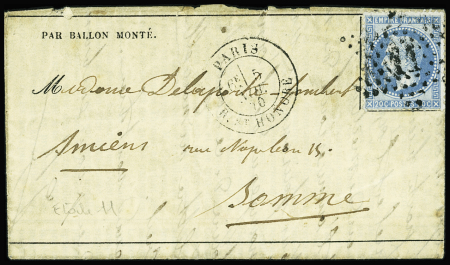 N°29 OBL étoile 11 + CAD "Paris R. St Honoré" (5 nov 70) sur Gazette des Absents n°5 pour Amiens (arrivée 9 nov) (La Ville de Chateaudun). TB