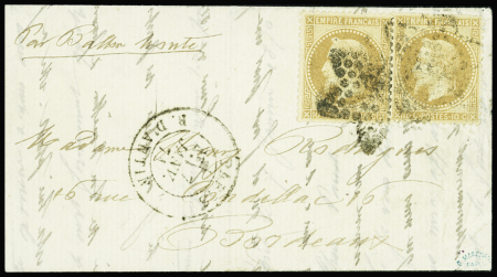 N°28, 2 pièces, OBL étoile 8 + CAD "Paris R. d'Antin" (7 janv 71) sur ballon monté pour Bordeaux, sans arrivée (Le Duquesne). TB