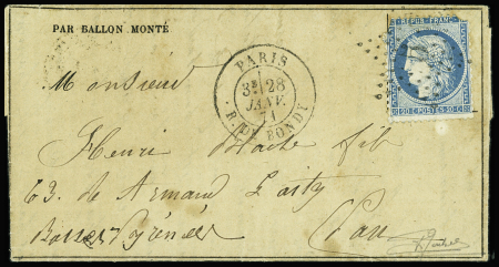 2 lettres : n°29 OBL étoile 20 (4 fev 71) sur lettre pour Versailles avec taxe allemande 20 au crayon bleu et n°37 OBL étoile 5 + CAD "Paris R. de Bondy"