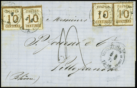 Alsace n°5, 4 pièces, OBL CAD "Mulhausen im Elsass" (1871) sur lettre pour Villefranche avec taxe 4 manuscrite. TB