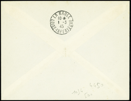 2 env. entiers postaux recommandées 4F50 Ilot de St Nazaire taxe perçue" brun-rouge OBL Batz-s-Mer (28.2.45 - 1er jour) et Guérande (19.3.45). TB. Cote Mayer