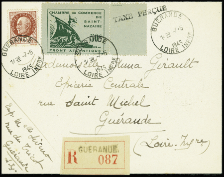 Guerre n°8 BDF avec surcharge "Taxe perçue" + n°517 OBL horoplan Guérande (7.5.45) sur lettre recommandée locale. TB