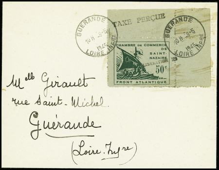 Guerre n°8, CDF avec surcharges "Taxe perçue" et "Libération" sur lettre recommandée locale. TB