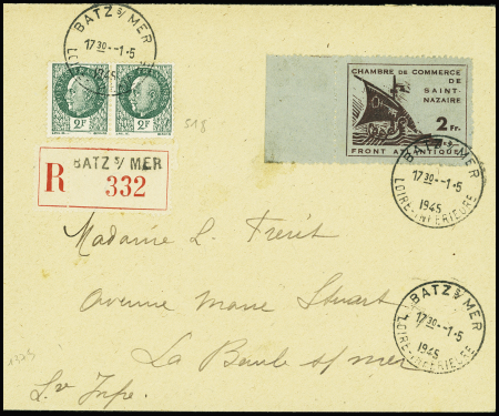 Guerre n°9, 2F brun-lilas sur vert-pâle + n°518 en paire OBL horoplan Batz s/ Mer (1.5.45) sur lettre recommandée. TB