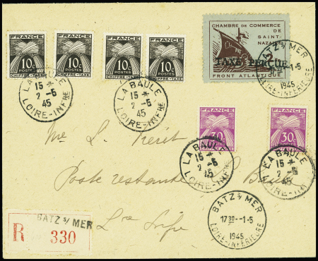 Guerre n°9 avec surcharge "taxe perçue" OBL horoplan Batz-s-Mer (1.5.45) sur lettre recommandée en poste restante avec timbres-taxe n°67, 4 pièces et n°68,...