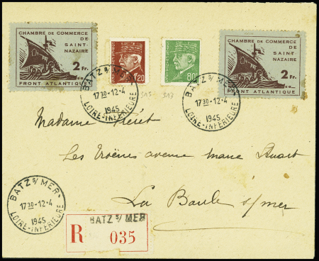 Guerre n°9, 2 pièces + n°513 + n°515 OBL horoplan Batz-s-Mer (12.4.1945) sur lettre recommandée pour La Baule avec arrivée au verso 13.4.45. TB