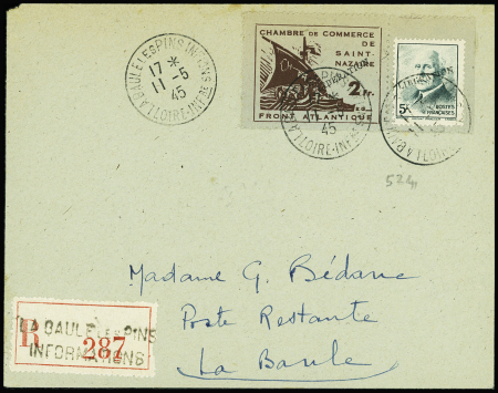 N°524 + guerre n°9, surchargés "Libération" OBL La Baule (11.5.45) sur lettre recommandée locale avec arrivée au verso. TB