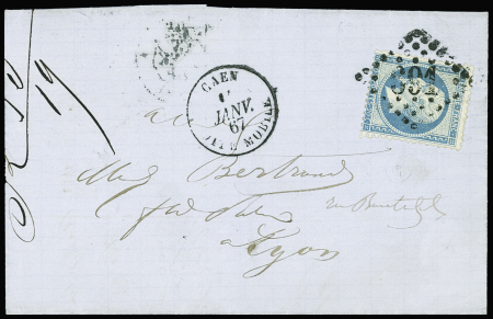 N°22 OBL GC 691 + T15 "Caen boite mobile" (1867) sur lettre, ind 19. TB