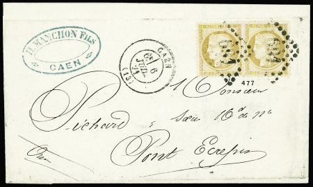 N°36 en paire OBL GC 691 + T17 Caen (1871) sur lettre. TB