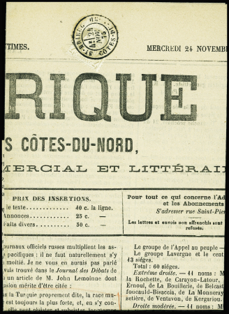 N°52 4c gris, OBL T18 "St Brieuc Côtes du Nord" (1875) seul sur journal "L'Armorique, organe des intérêts des Côtes du Nord". TB
