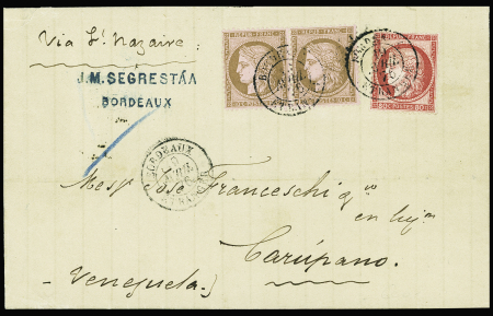 N°57 + 58 en paire OBL CAD "Bordeaux étranger" (1876) sur lettre pour Carupano (Venezuela). TB