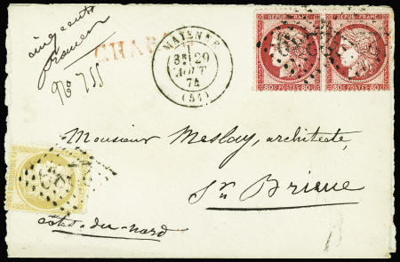 N°55 + 57 en paire OBL T17 Mayenne (1874) sur une petite lettre chargée (VD 500F). TB