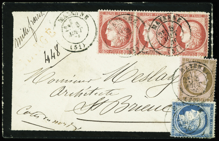 N°54 + 57, bande de 3 + 60 OBL T17 Mayenne (1876) sur env. de deuil chargée (VD 1000F) pour Saint Brieuc. TB