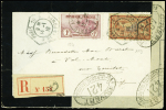 N°154 1F + 1F Orphelins + n°119 OBL grand CAD hexagonal à cercle intérieur "Paris 16A R. de la Pompe" (1918) sur env. de deuil recommandée censurée pour la Suisse