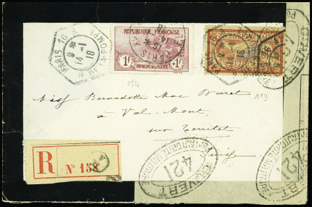 N°154 1F + 1F Orphelins + n°119 OBL grand CAD hexagonal à cercle intérieur "Paris 16A R. de la Pompe" (1918) sur env. de deuil recommandée censurée pour la Suisse