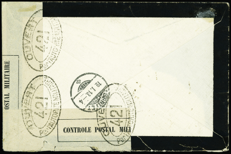 N°154 1F + 1F Orphelins + n°119 OBL grand CAD hexagonal à cercle intérieur "Paris 16A R. de la Pompe" (1918) sur env. de deuil recommandée censurée pour la Suisse