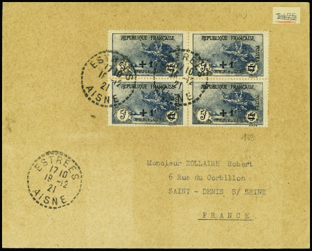 N°169 1F sur 5F + 5F Orphelins en bloc de 4 OBL CAD pointillé "Estrées Aisne" (1921) sur lettre. TB. Cote timbres