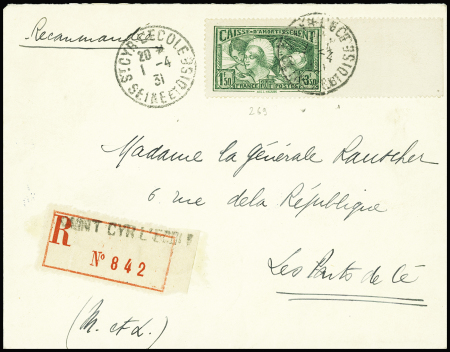 N°269 1F50 + 3F50 Les Provinces OBL St Cyr l'Ecole (1931) sur lettre recommandée. TB. Cote timbres
