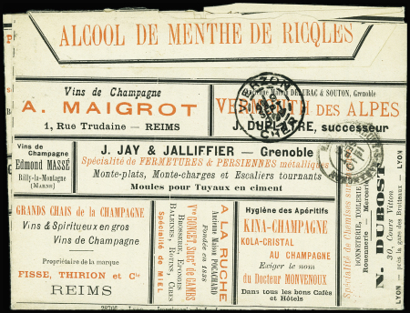 Lettre annonces dépliante 15c Sage OBL Lyon (1899) complète avec sa page de correspondance, pubs diverses dont vins et alcool, photographie, cycles,...
