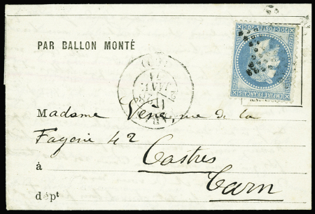 N°29 OBL étoile muette + CAD "Paris (60)" (28 janv 71) sur formule avec mention imprimée "par ballon monté" sortie par voie de terre après le départ du dernier ballon